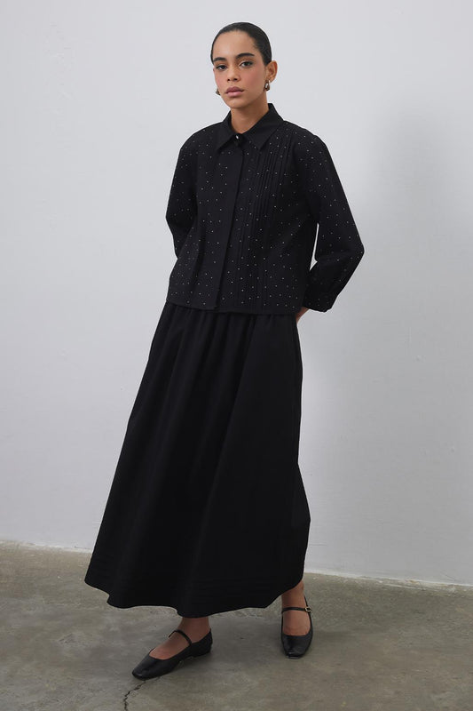 Ribbed Stone Shirt Skirt Set Black