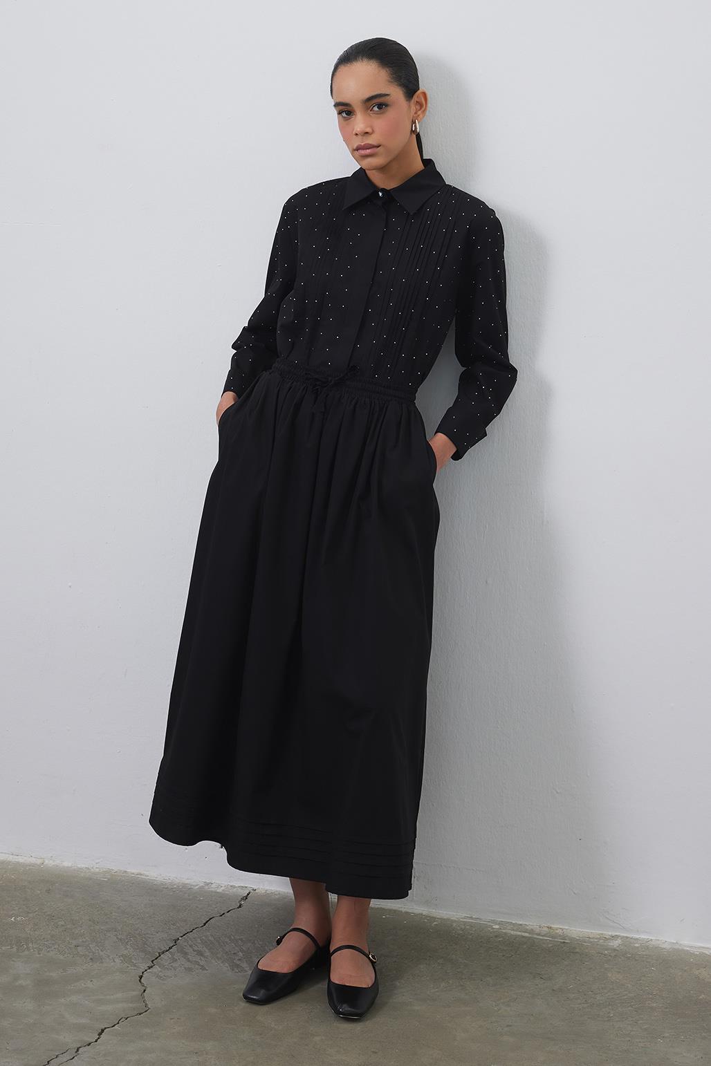 Ribbed Stone Shirt Skirt Set Black