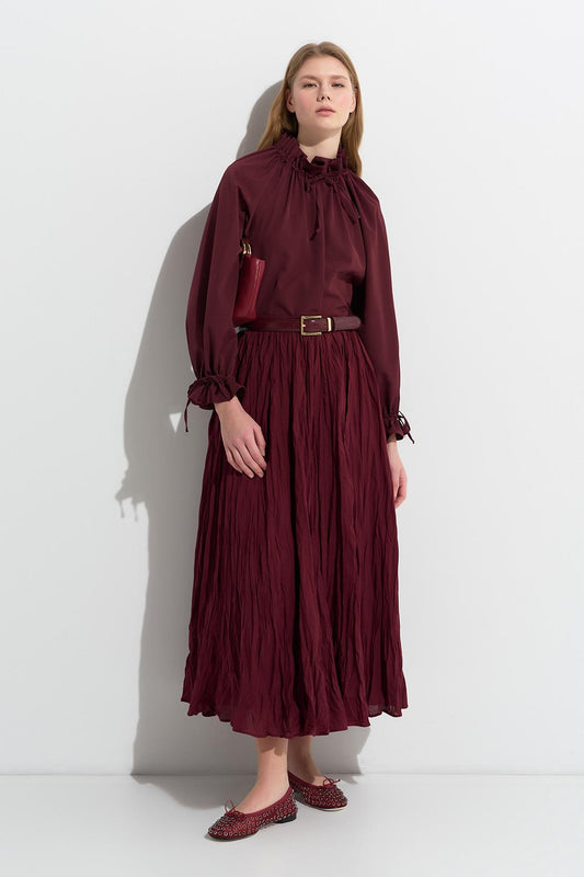 Nora Pleated Long Skirt Burgundy