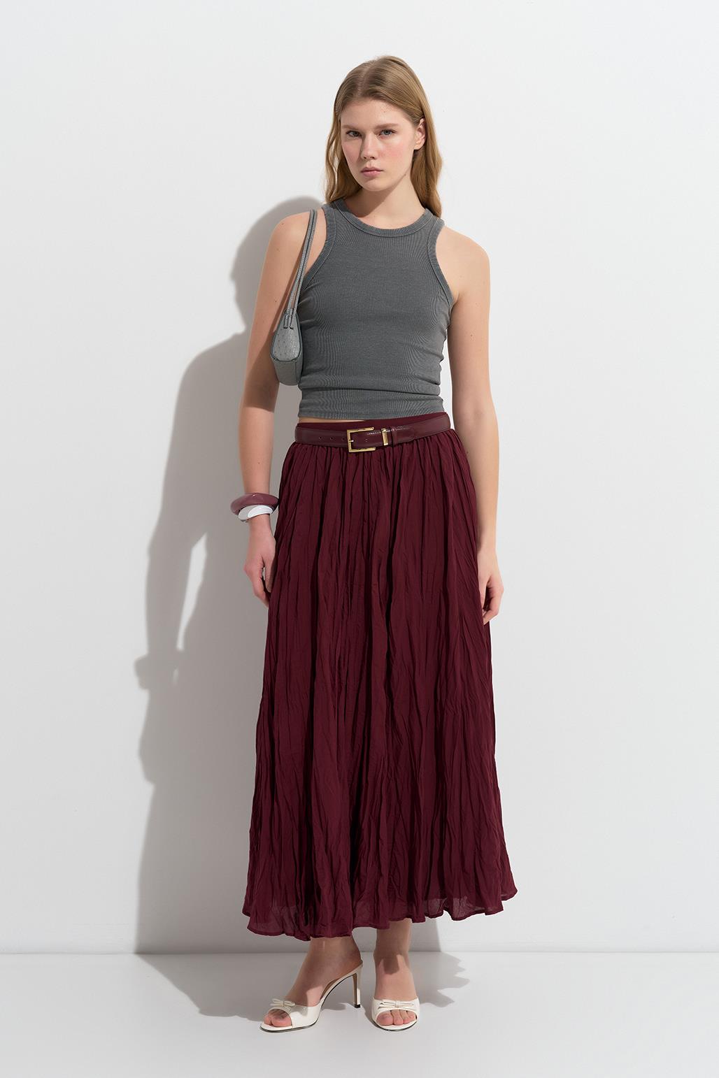 Nora Pleated Long Skirt Burgundy