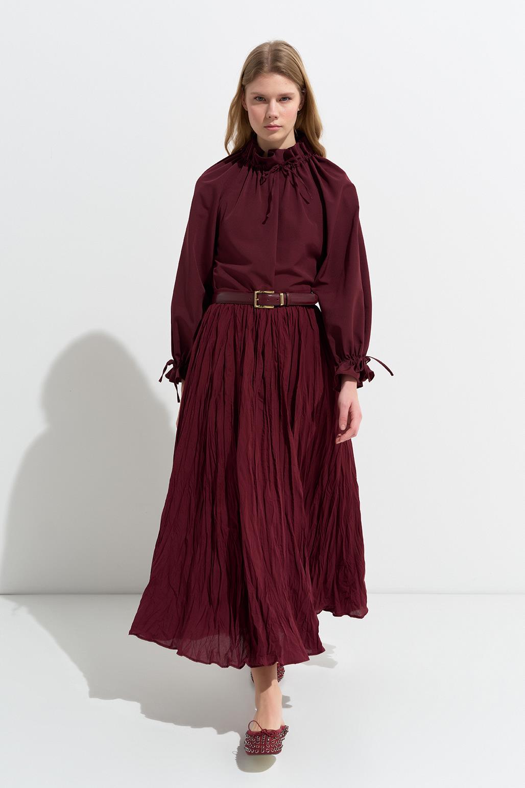 Nora Pleated Long Skirt Burgundy