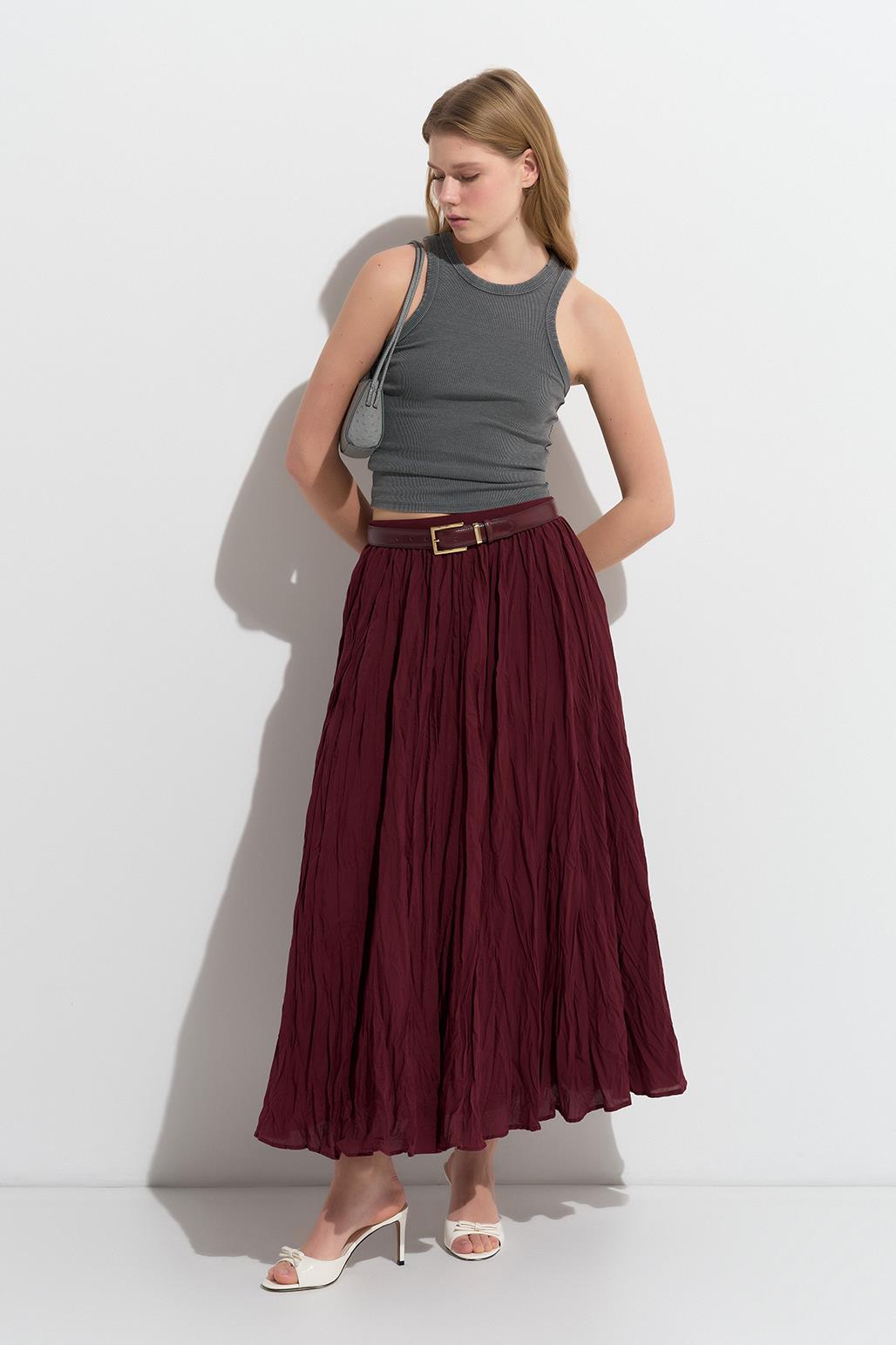 Nora Pleated Long Skirt Burgundy