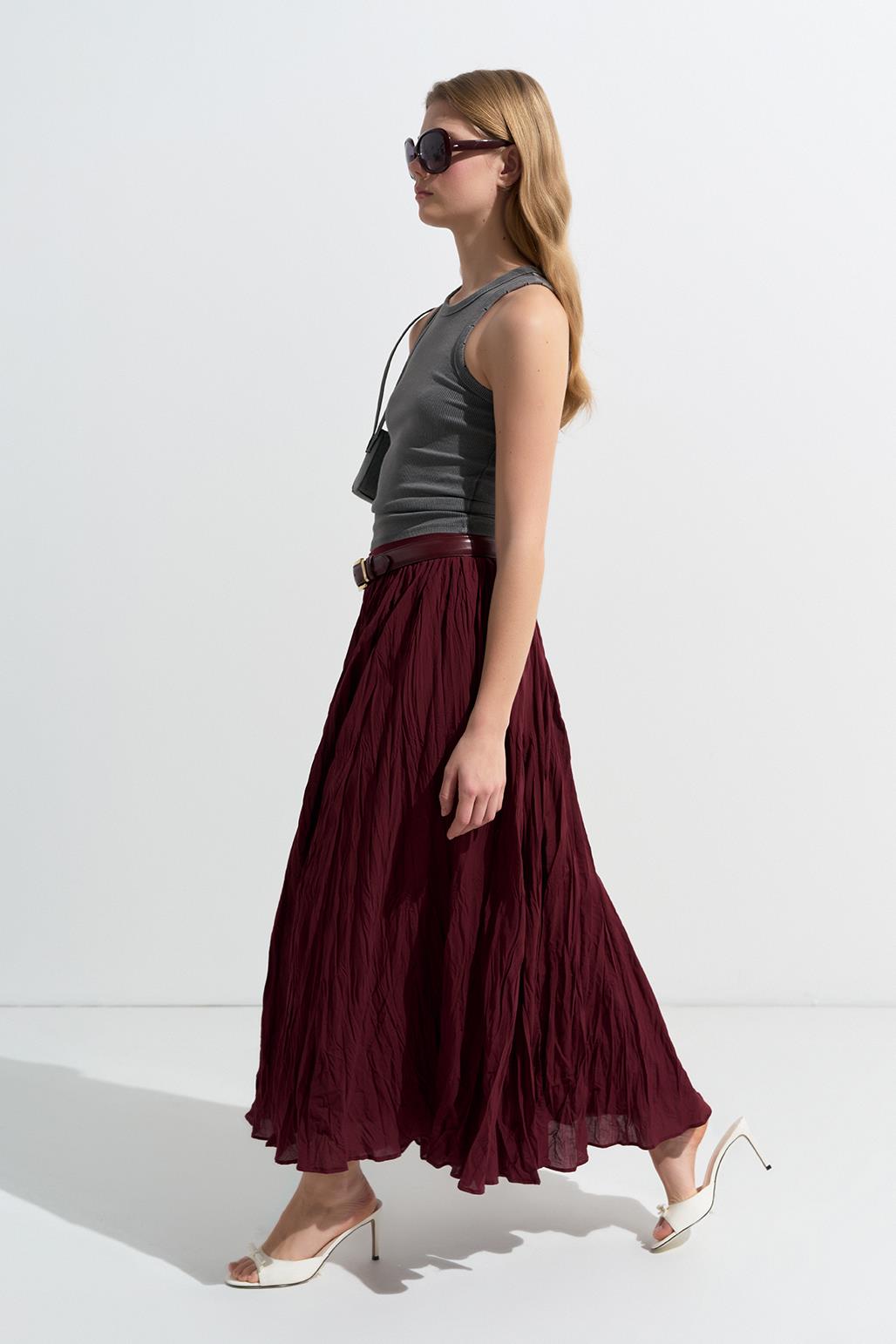 Nora Pleated Long Skirt Burgundy