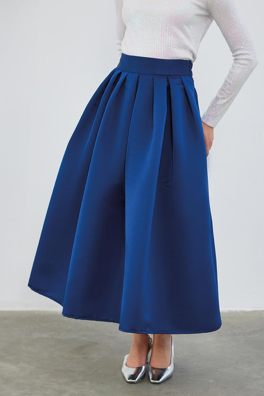 Ole Pleated High Waist Taffeta Skirt Navy Blue