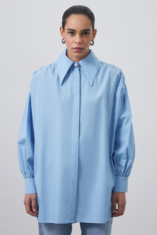 Shoulder Gathered Wide Collar Shirt Light Blue