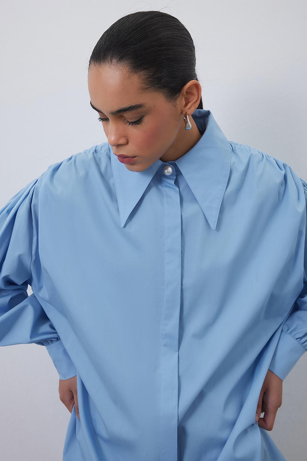 Shoulder Gathered Wide Collar Shirt Light Blue