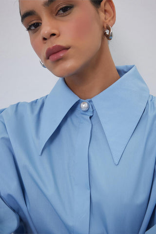 Shoulder Gathered Wide Collar Shirt Light Blue