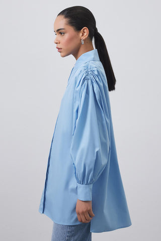 Shoulder Gathered Wide Collar Shirt Light Blue