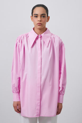 Shoulder Gathered Wide Collar Shirt Pink