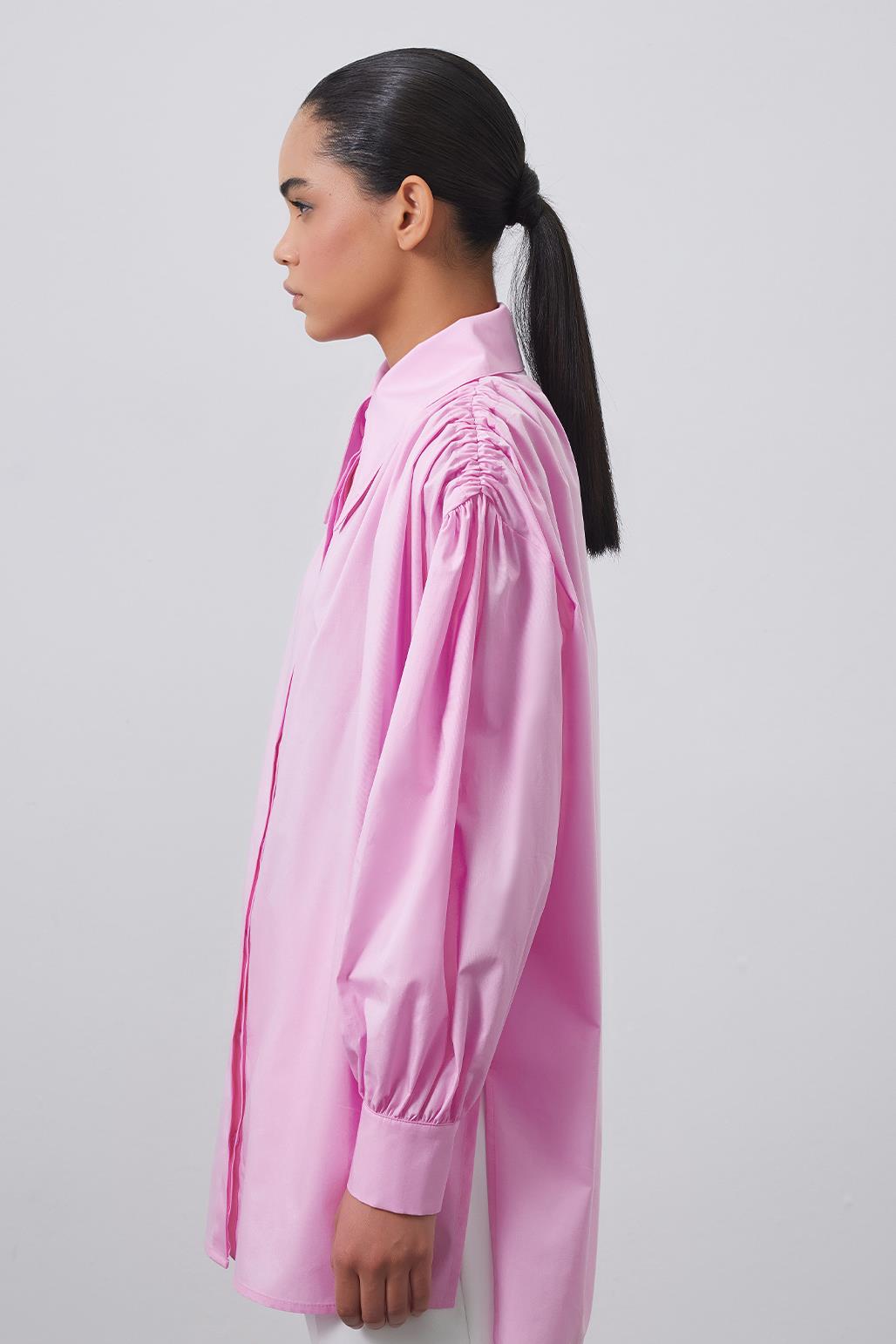 Shoulder Gathered Wide Collar Shirt Pink