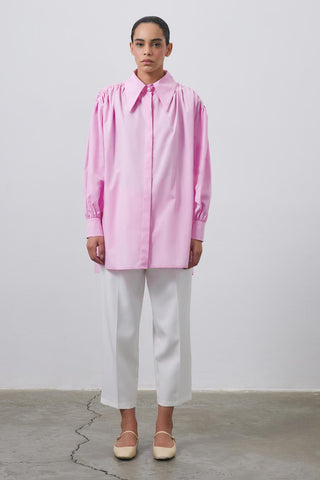 Shoulder Gathered Wide Collar Shirt Pink