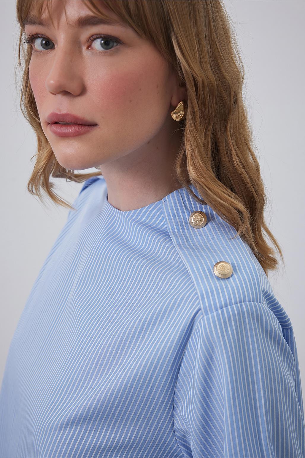 Shoulder Gold Detailed Striped Shirt Light Blue
