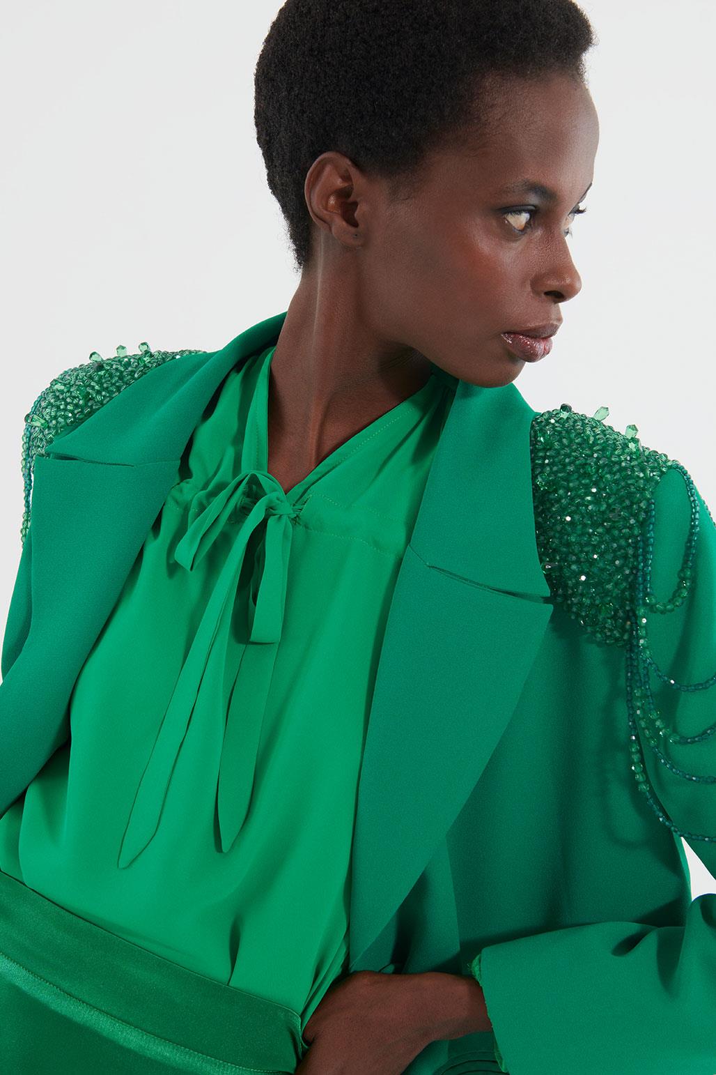 Shoulder Crystal Embroidered Stone Jacket Green