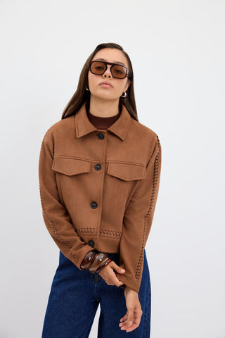Suede Short Jacket with Knit Detail and Pockets Camel
