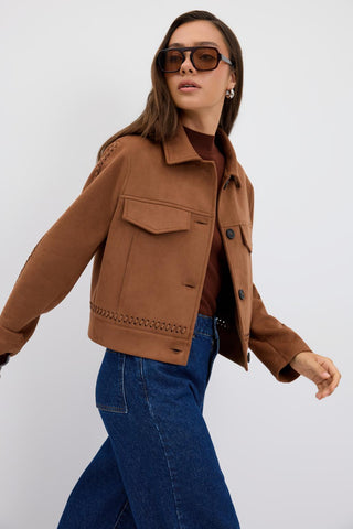 Suede Short Jacket with Knit Detail and Pockets Camel