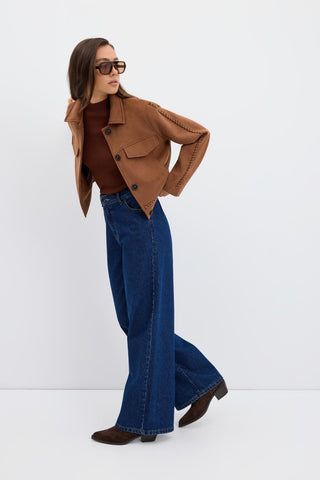 Suede Short Jacket with Knit Detail and Pockets Camel