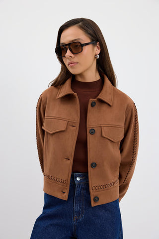 Suede Short Jacket with Knit Detail and Pockets Camel