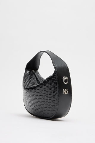 Braided Detail Leather Baguette Bag Black