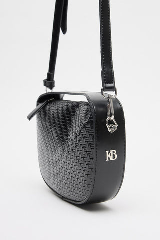 Braided Detail Leather Baguette Bag Black
