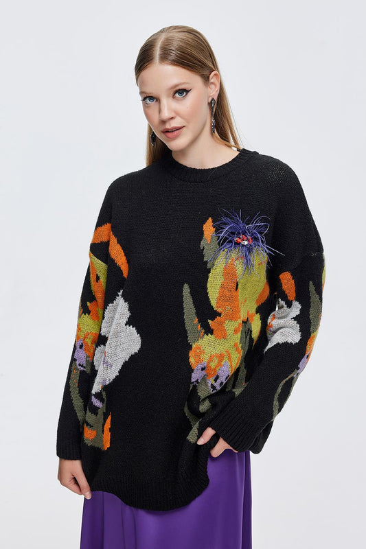 Fur Embroidered Sweater Patterned