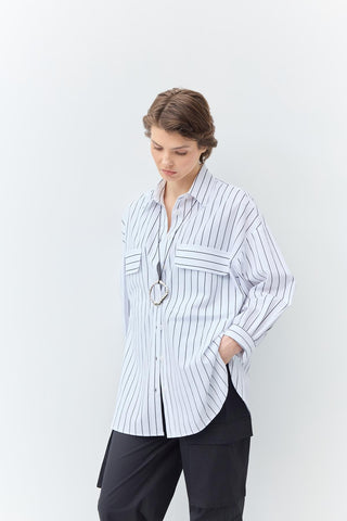 Oversize Pocket Striped Shirt Black