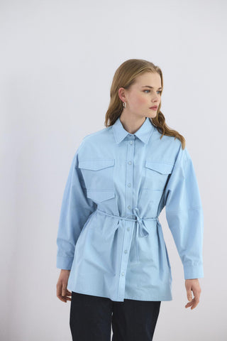 Oversized Belted Shirt with Pockets Blue
