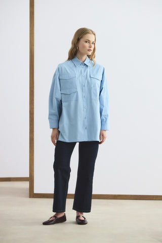 Oversized Belted Shirt with Pockets Blue
