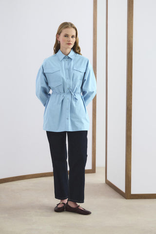Oversized Belted Shirt with Pockets Blue