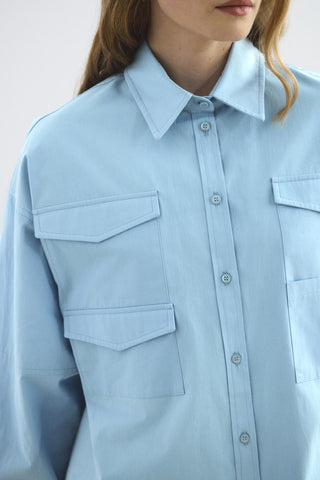Oversized Belted Shirt with Pockets Blue