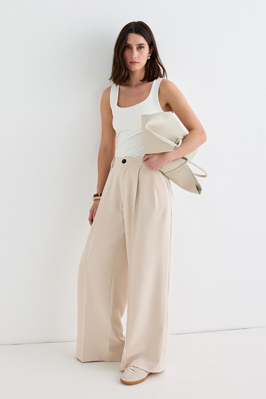 Palazzo Wide Leg Trousers Beige