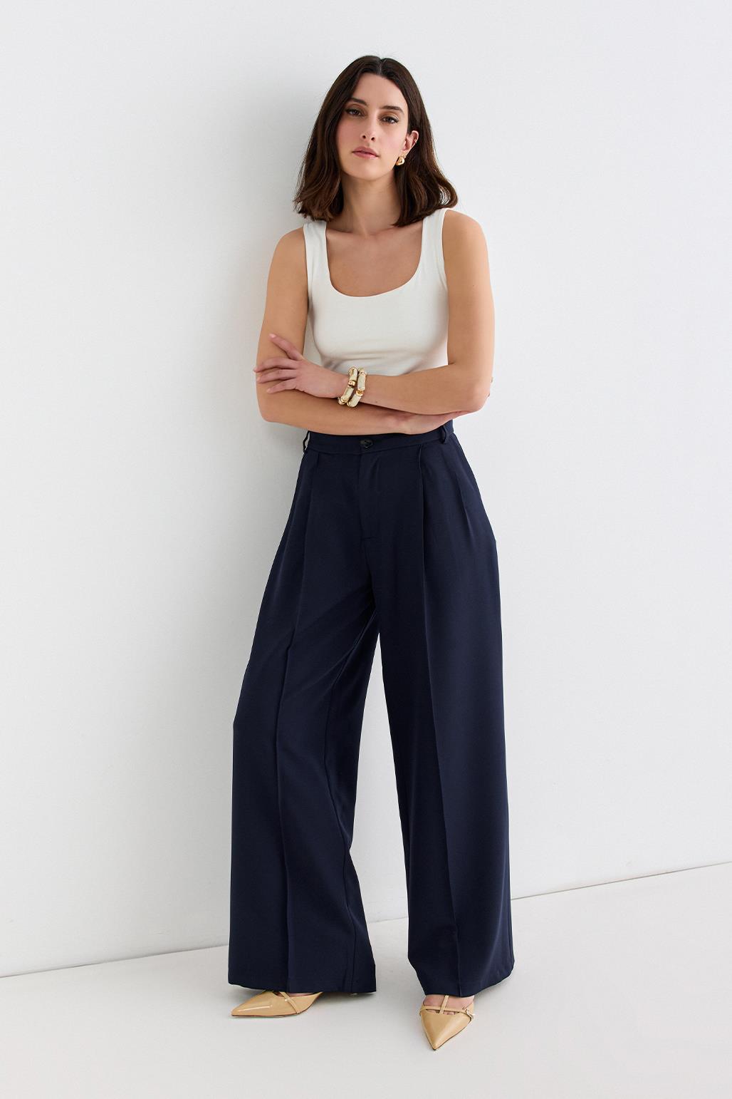 Palazzo Wide Leg Trousers Navy Blue