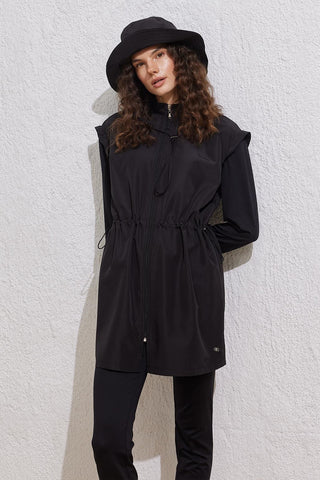 Parachute Fabric Zip-Up Modest Swimsuit Set Black