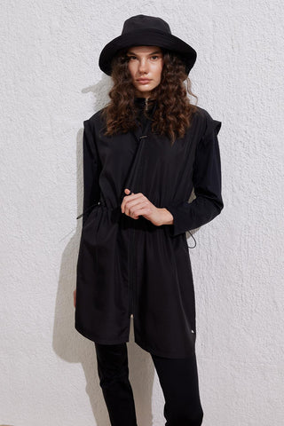 Parachute Fabric Zip-Up Modest Swimsuit Set Black