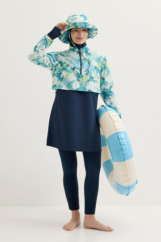 Parachute Fabric Floral Double-Layer Modest Swimwear Set Light Blue