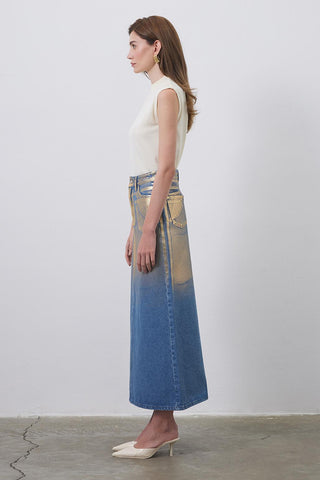 Bright Printed Denim Pencil Skirt Gold