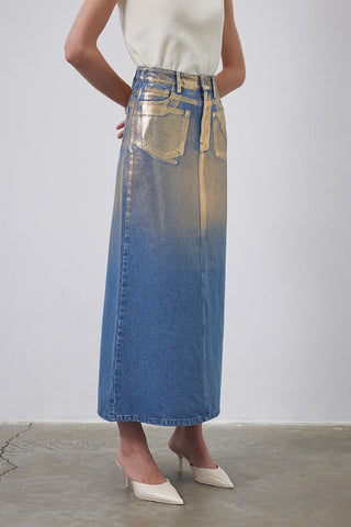 Bright Printed Denim Pencil Skirt Gold