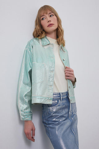 Orena Denim Shiny Print Plated Jacket Hologram