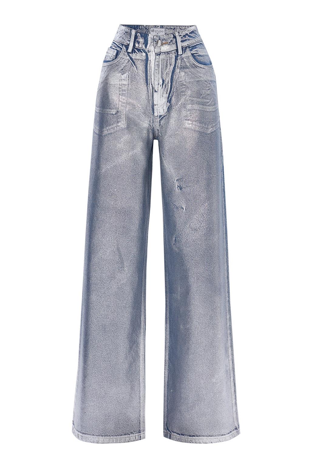 Shiny Print Plated Palazzo Denim Trousers Silver