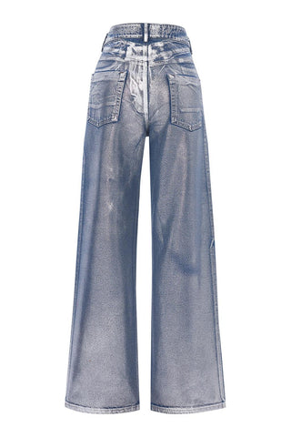 Shiny Print Plated Palazzo Denim Trousers Silver
