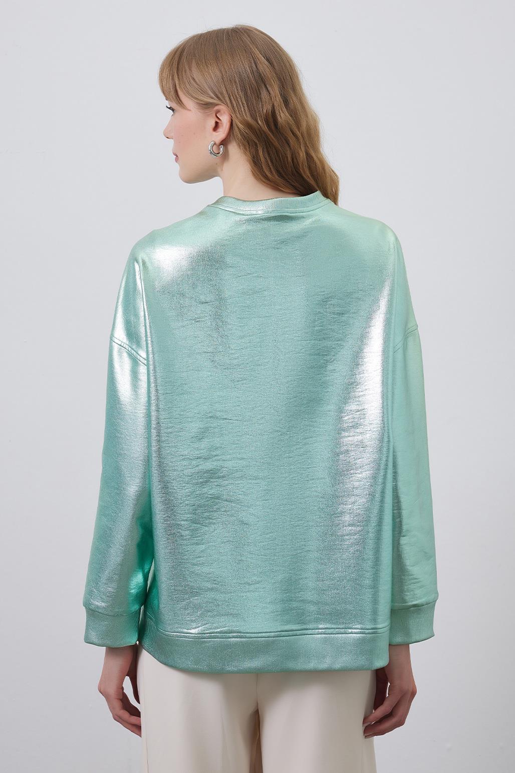 Shiny Coated Ribbed Sweatshirt Hologram Green