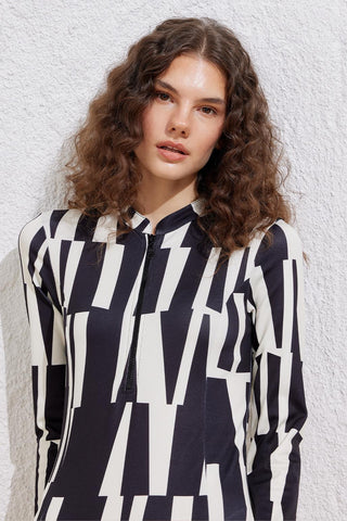 Patterned Long Sleeve Swimsuit Black