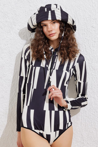 Patterned Long Sleeve Swimsuit Black