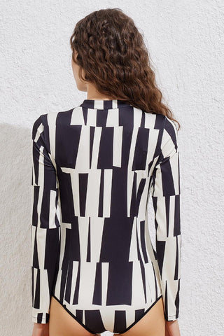 Patterned Long Sleeve Swimsuit Black