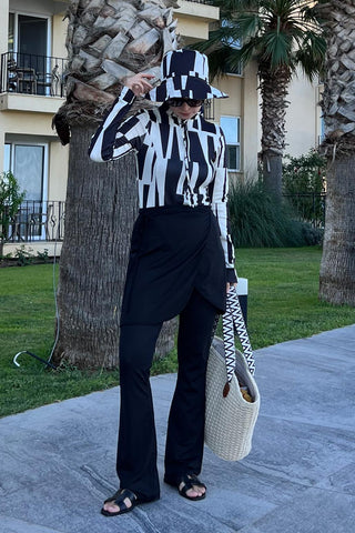 Patterned Long Sleeve Swimsuit Black