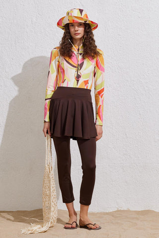 Patterned Long Sleeve Swimsuit Brown
