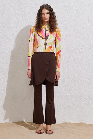 Patterned Long Sleeve Swimsuit Brown
