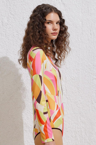Patterned Long Sleeve Swimsuit Brown
