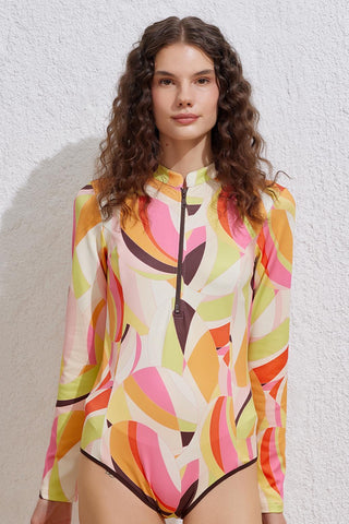 Patterned Long Sleeve Swimsuit Brown