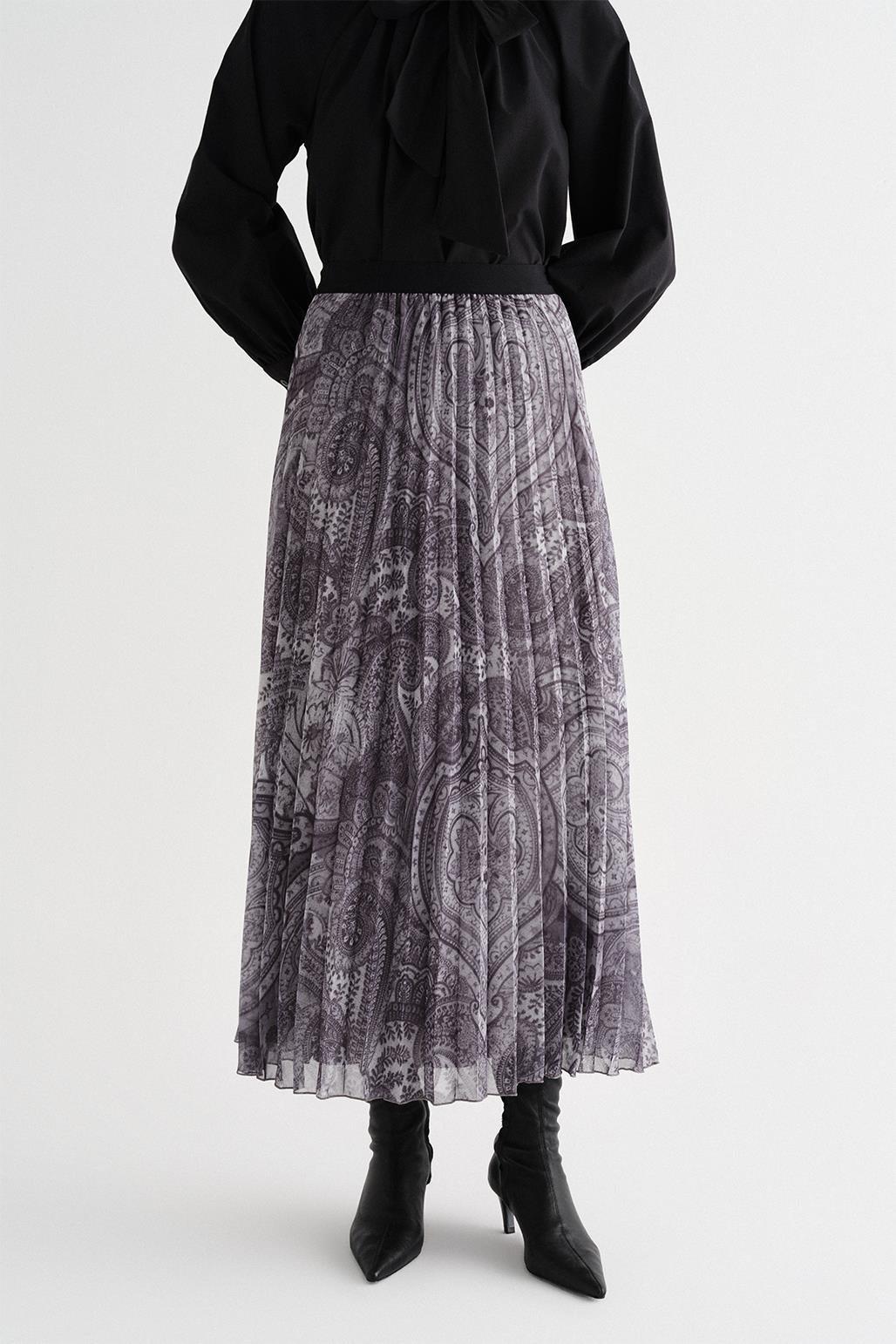 Patterned Pleated Long Skirt Antique