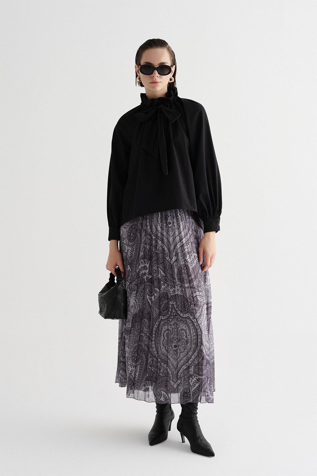 Patterned Pleated Long Skirt Antique